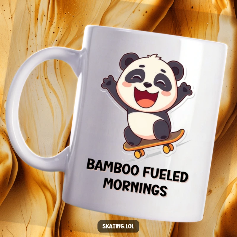 Funny panda skateboarding downhill with a wide grin, depicted on a mug for extreme sports fans.