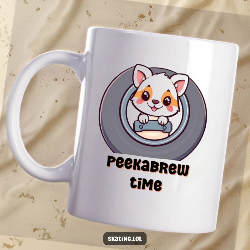 Funny ceramic mug featuring a whimsical animal character curiously peeking out from behind a large skateboard wheel.