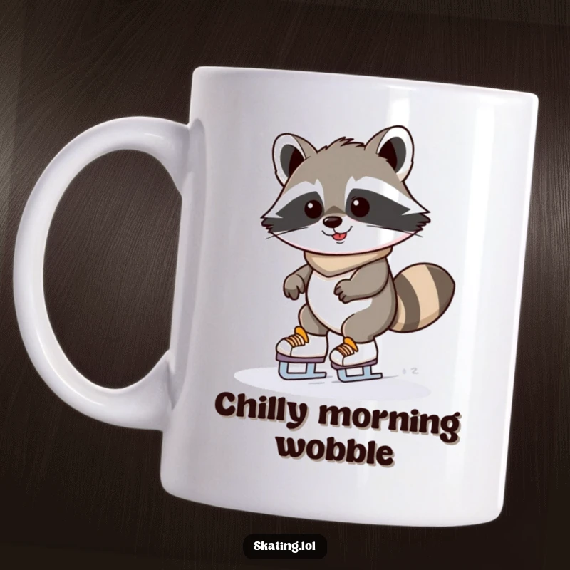 Funny raccoon ice skating mug showing a determinedly grinning kawaii raccoon wobbling on ice skates; a humorous winter gift.