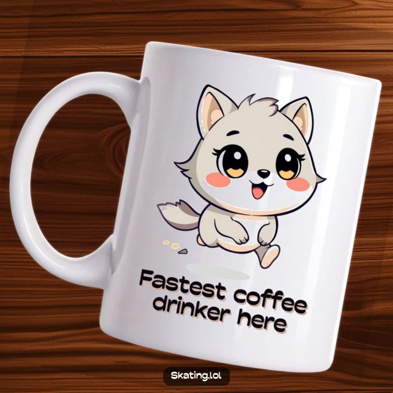 Funny Mug: A round, cheerful animal character with wind in its fur, racing at top speed with a happy expression.