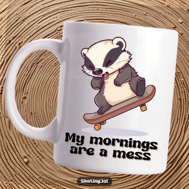 Funny skateboard mug showing a clumsy badger tangled in its board mid-flip, expressing playful awkwardness and joy.