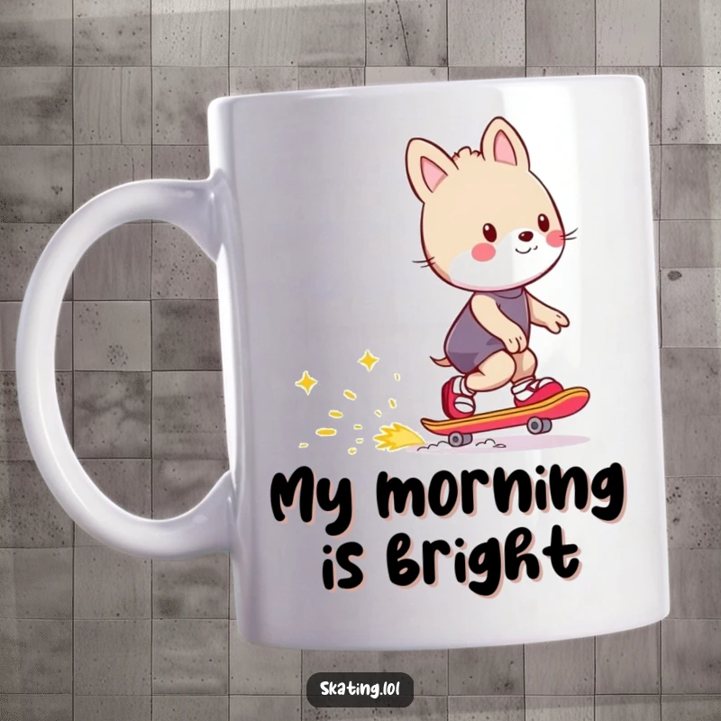 Funny mug showing an animal character skating joyfully, leaving behind a trail of happy, bright sparks, symbolizing energetic fun.