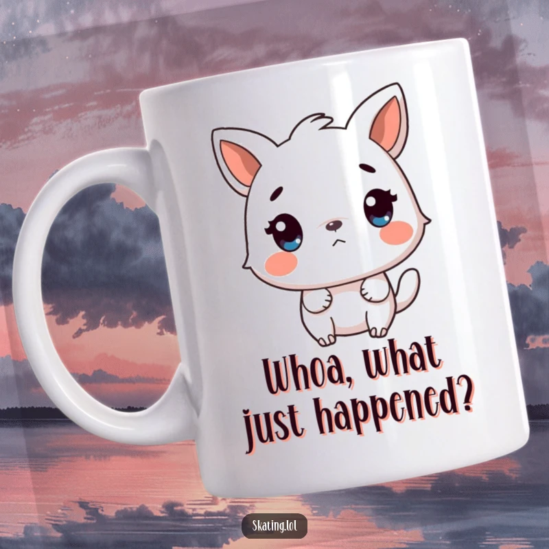 Funny mug showing a startled animal character reacting to an abrupt, sudden stop, conveying humorous shock and surprise.