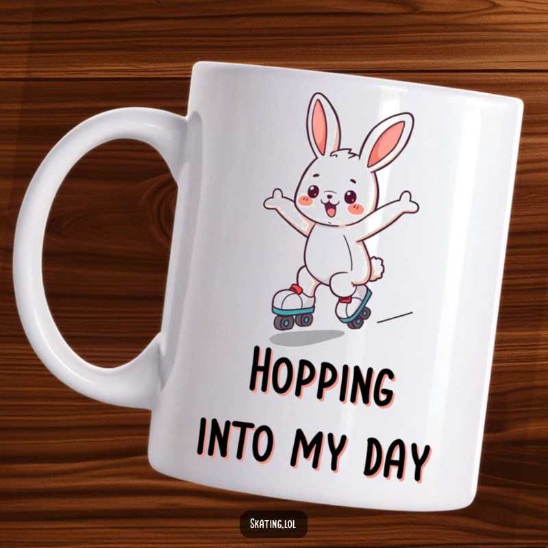 Funny bunny mug with a cute character joyfully gliding on roller skates, arms outstretched, embodying pure happiness and playful movement.