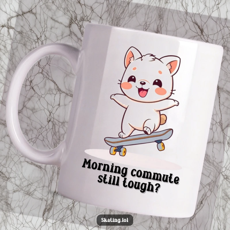 Funny mug with a charming animal character wobbling precariously but joyfully on a skateboard, capturing a moment of relatable clumsiness.