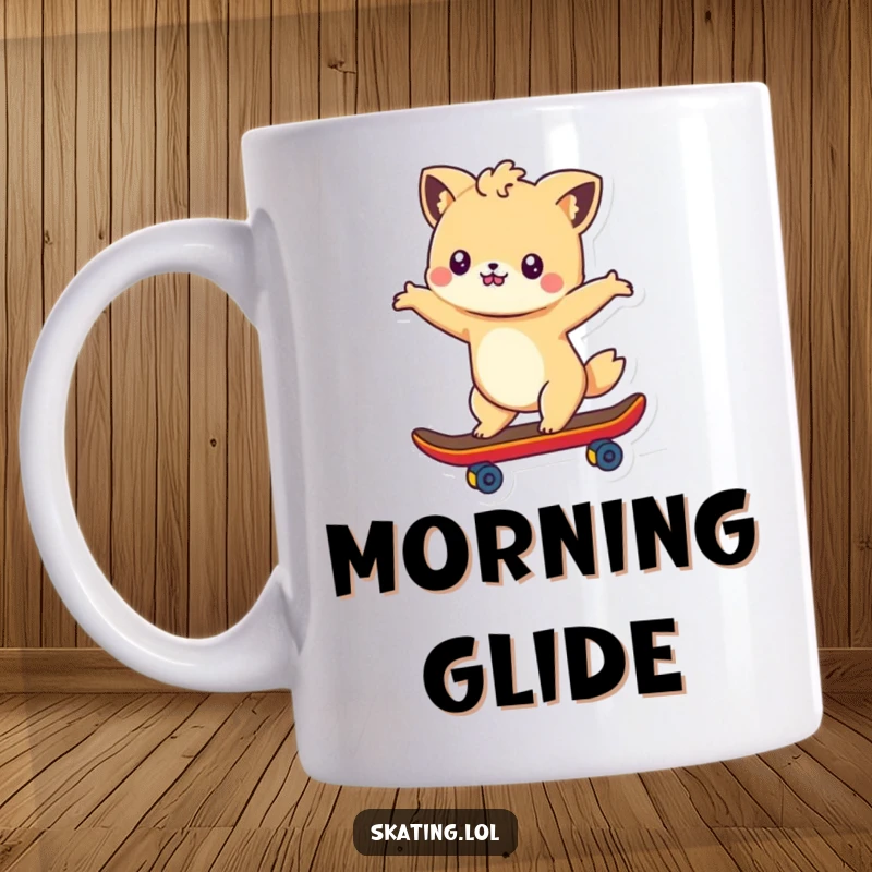 Funny mug featuring a cute animal character effortlessly gliding on a skateboard with arms outstretched, embodying freedom and fun.