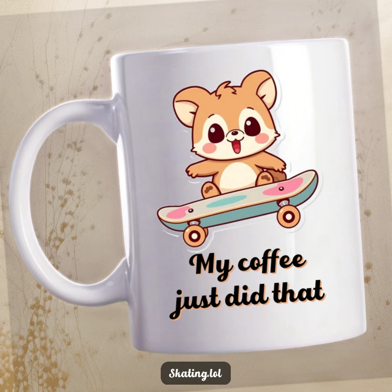 Funny mug featuring a playful animal character's shocked expression as their skateboard lands a trick, creating a humorous moment.