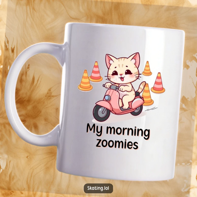 Funny Mug showcasing a playful cat character skillfully weaving around cones on a scooter with a determined yet happy expression.