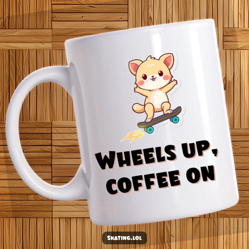 Funny ceramic mug with a tiny, excited animal spinning on a skateboard, its wheels glowing brightly, radiating pure joy.