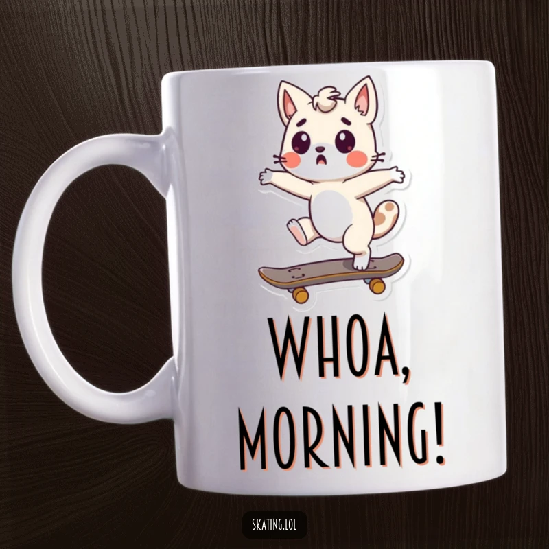 Funny Surprised Skater Mug featuring a cute animal character doing a surprised spin on a skateboard, capturing a moment of unexpected fun.
