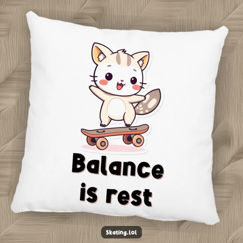 Funny animal character balancing on a single skateboard wheel, featured on a soft pillow for humorous comfort and playful decor.