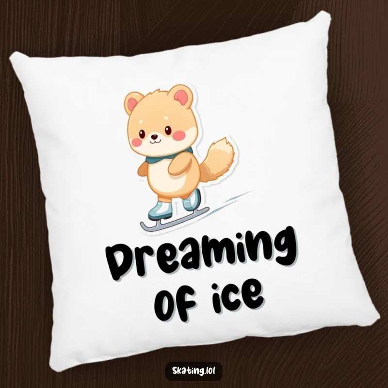 Funny fuzzy animal character gracefully ice skating, featured on a soft pillow for comedic comfort and decorative flair.