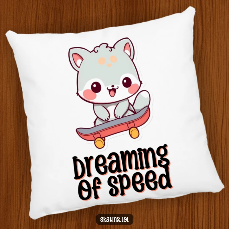 Funny pillow with a friendly animal character pushing off with a skateboard, adding a humorous and cozy touch to any room.