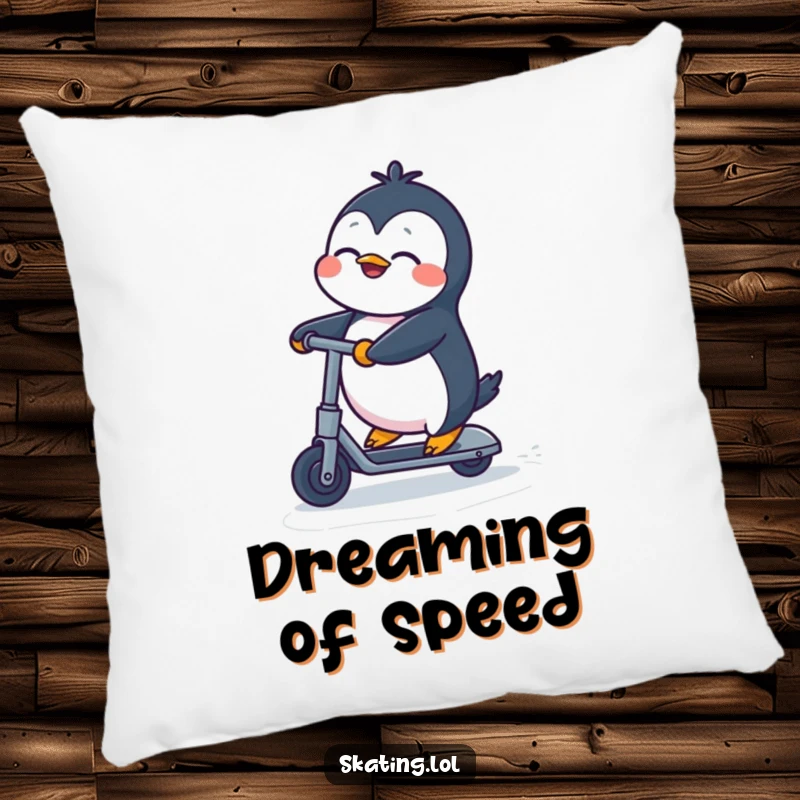 Funny Penguin Pillow: A cheerful penguin on a kick scooter, eyes closed in a moment of pure bliss, ideal funny gift.