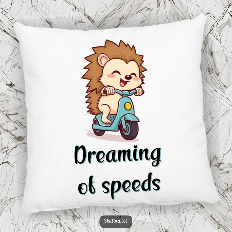 Funny hedgehog pillow, a small hedgehog character zipping downhill on a scooter with a look of pure delight, adding comfort.
