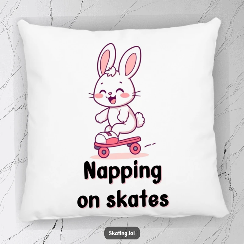 Funny bunny pillow, a cute bunny gleefully gliding on roller skates with a joyful expression, adding comfort and fun.
