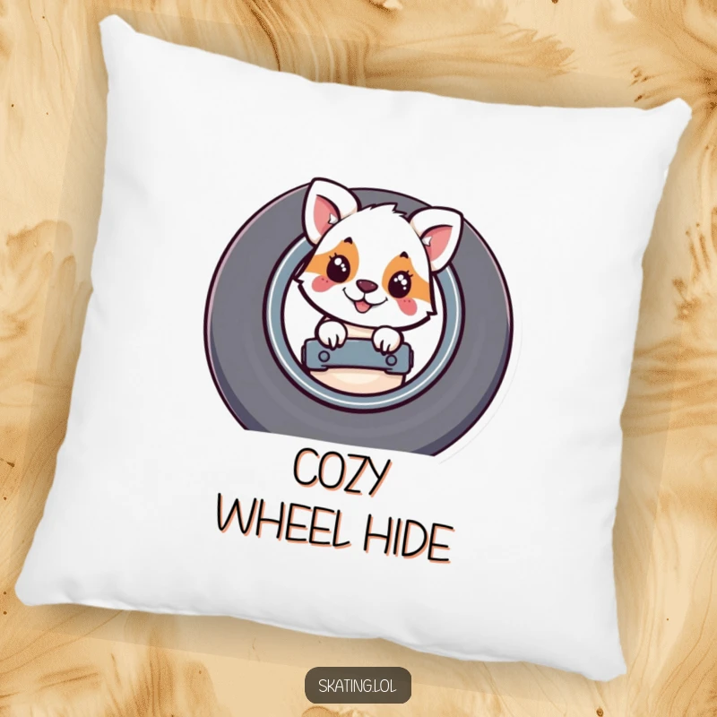 Funny decorative pillow showing a whimsical animal peeking from behind a large skateboard wheel, a playful and charming scene.