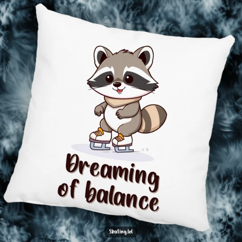 Funny raccoon ice skating pillow featuring a determinedly grinning kawaii raccoon wobbling on skates; soft and humorous decor.