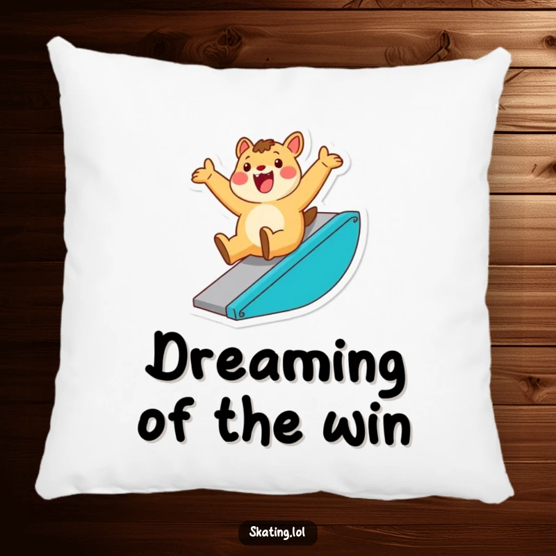 Funny pillow showcasing an enthusiastic animal character sliding down a ramp with a triumphant flourish, perfect for adding comfort and humor.