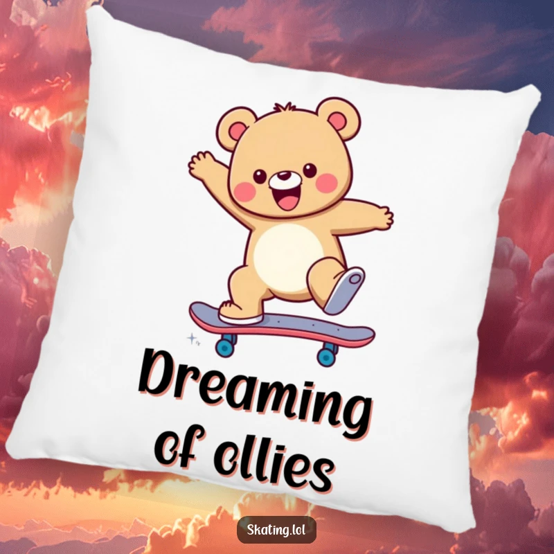 Funny Pillow featuring a cheerful bear character performing a skateboard jump, providing comfort with skater style.