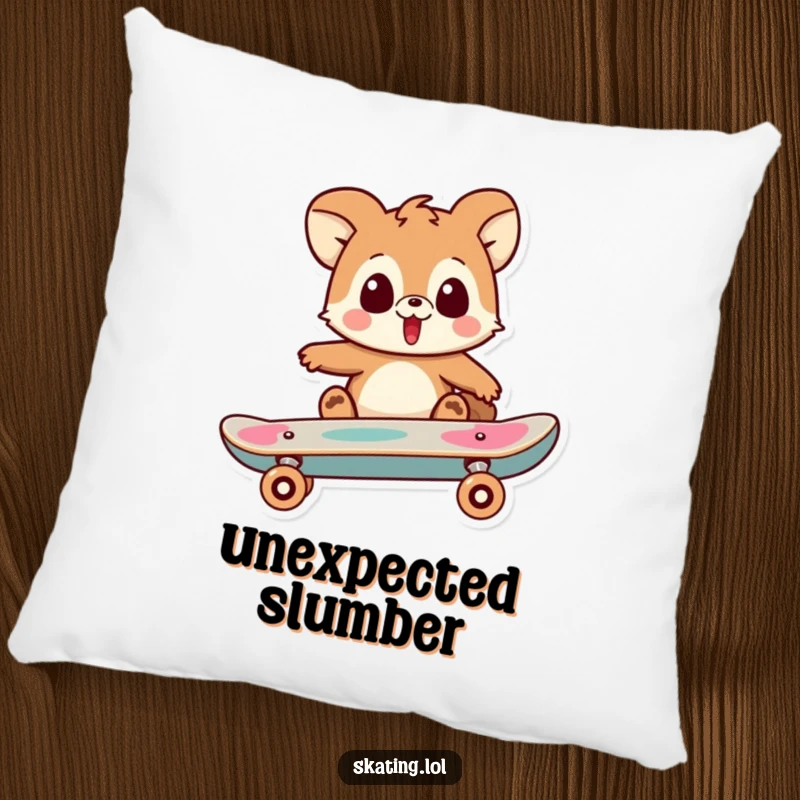 Funny pillow featuring a playful animal character looking surprised as their skateboard does a trick, adding humor to any space.