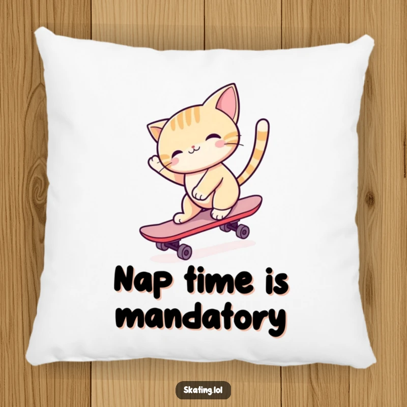 Funny cat character skateboarding with tail high, depicted in a soft, comforting pillow design for humorous home decor.