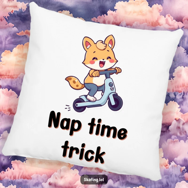Cute animal character performing a trick on a scooter, featured on a soft pillow for humorous comfort and playful decor.