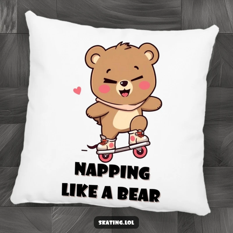 Funny bear pillow, a bear character winking and performing a trick on inline skates with a mischievous smile, adding comfort.
