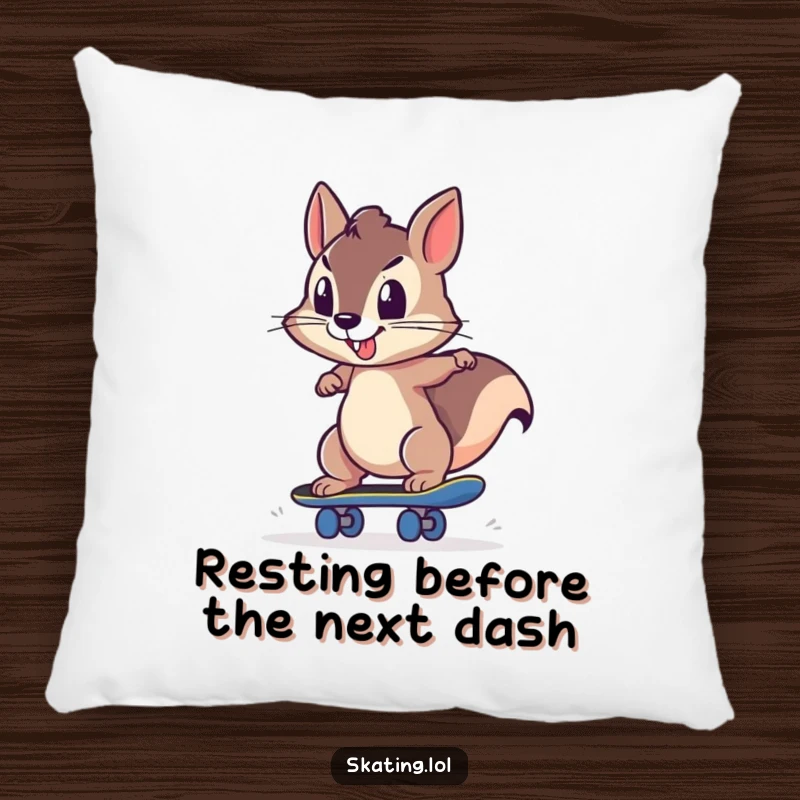 Funny squirrel character determinedly pushing off a skateboard, depicted on a soft pillow for humorous and cozy decor.