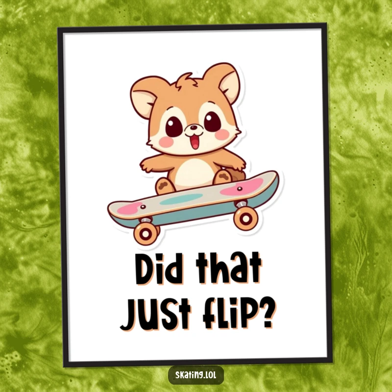 Funny digital art print of a playful animal character looking surprised as their skateboard performs a trick, ready for printing.