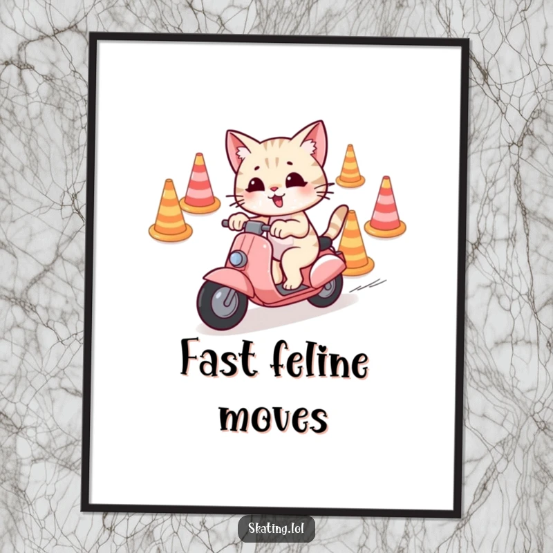 Funny Digital Art Print of a playful cat character skillfully weaving through cones on a scooter, embodying fun and agility.