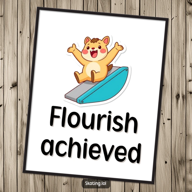 Funny digital art print of an enthusiastic animal character sliding down a ramp with a triumphant flourish, ready for printing.