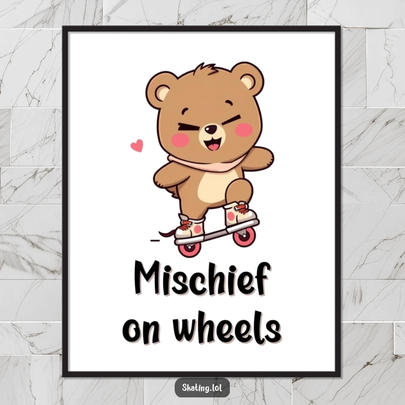 Funny bear digital art print, a bear character winking and performing a trick on inline skates with a mischievous smile, bringing cool vibes.