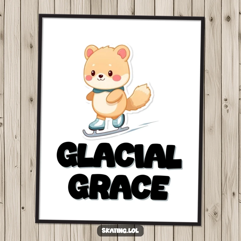 Funny fuzzy animal character dynamically ice skating, available as a digital art print for instant comedic decoration online.
