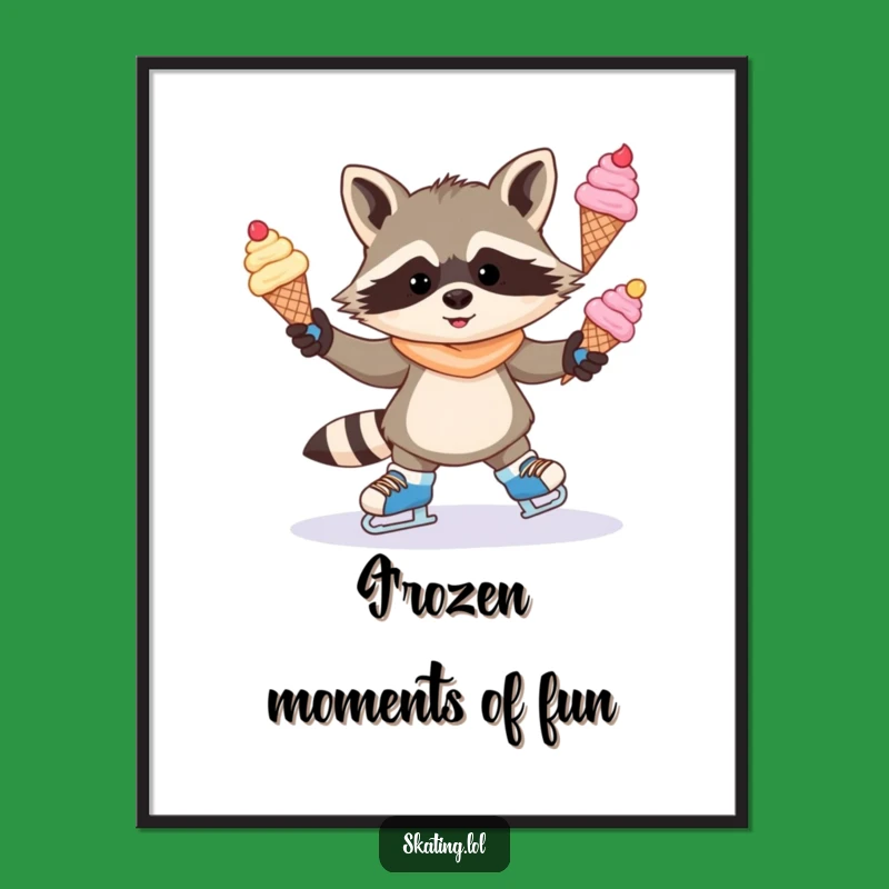 Funny Raccoon Ice Cream Digital Art Print: Mischievous Skater Decor
