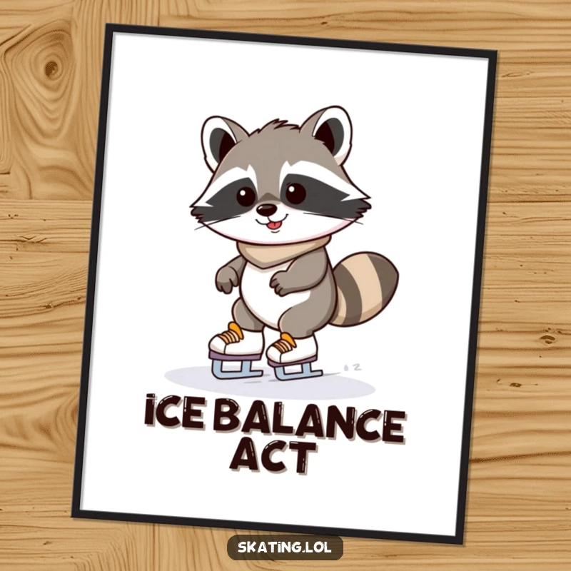 Funny raccoon ice skating digital art print of a determinedly grinning kawaii raccoon wobbling on skates; instant humorous decor.