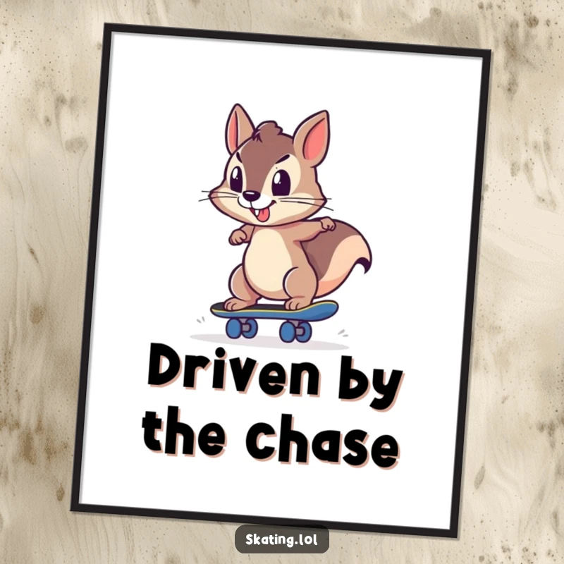 Funny squirrel character determinedly pushing off a skateboard, depicted as digital art for humorous wall decor.
