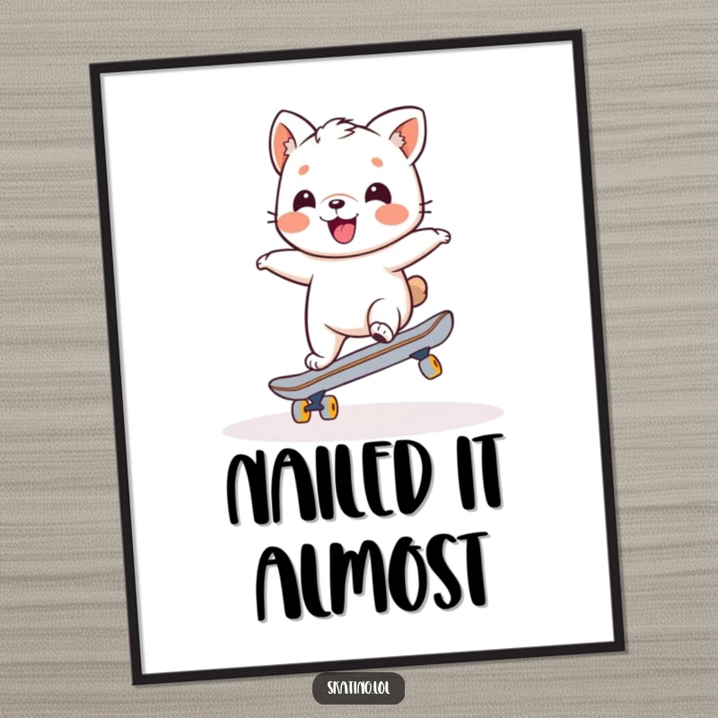 Funny digital art print of a charming animal character attempting a wobbly, joyful balance on a skateboard, ready to be printed.