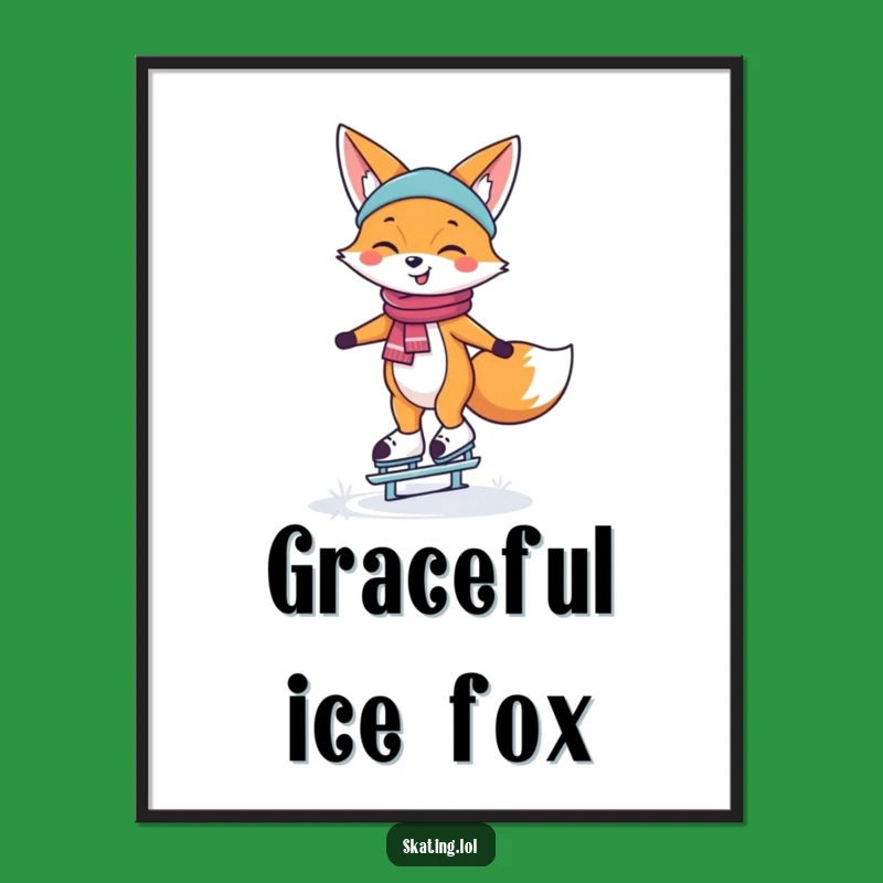 Funny Ice Skating Fox Digital Art: Happy Winter Print, Instant Gift