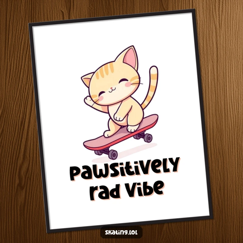 Funny cat character skateboarding with tail high, rendered as digital art, perfect for humorous and stylish wall decor.