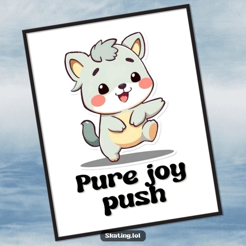 Funny digital art print of a cute animal character with a massive, infectious grin, playfully poised to move, full of energy.