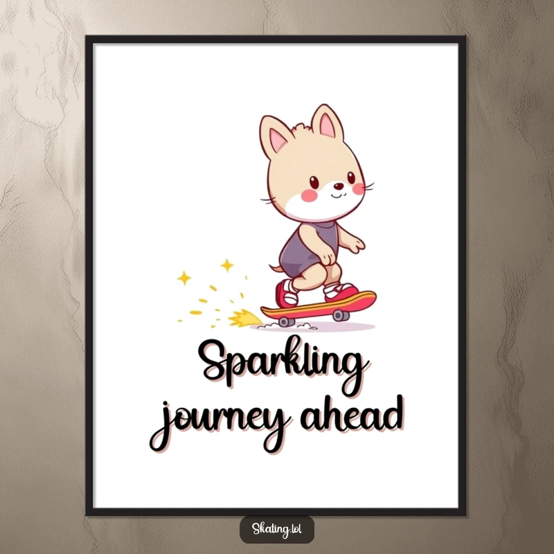 Funny digital art print of an animal character skating with a trail of happy sparks, perfect for humorous wall decor and energetic gift-giving.