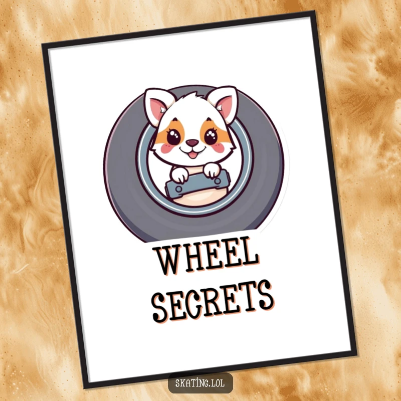 Funny digital art print of a whimsical animal character curiously peeking from behind a large skateboard wheel, charming and humorous.