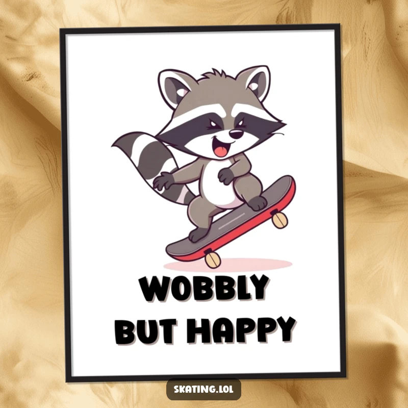 Funny raccoon character wobbling wildly on a skateboard, depicted as digital art for humorous wall decor.