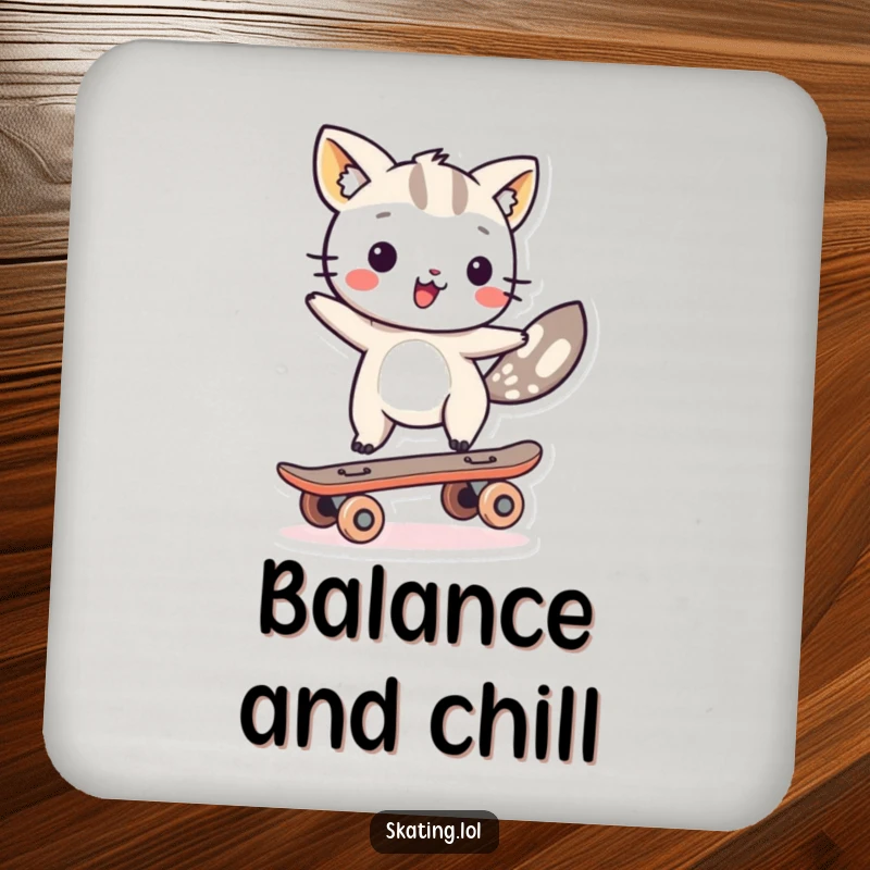 Funny animal character balancing on a single skateboard wheel, featured on a drink coaster for humorous surface protection.