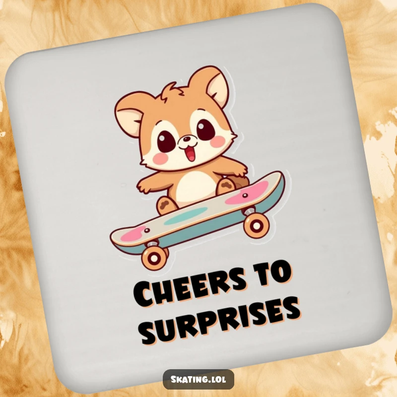 Funny drink coasters showcasing a playful animal character looking surprised as their skateboard does a trick, adding humorous flair.