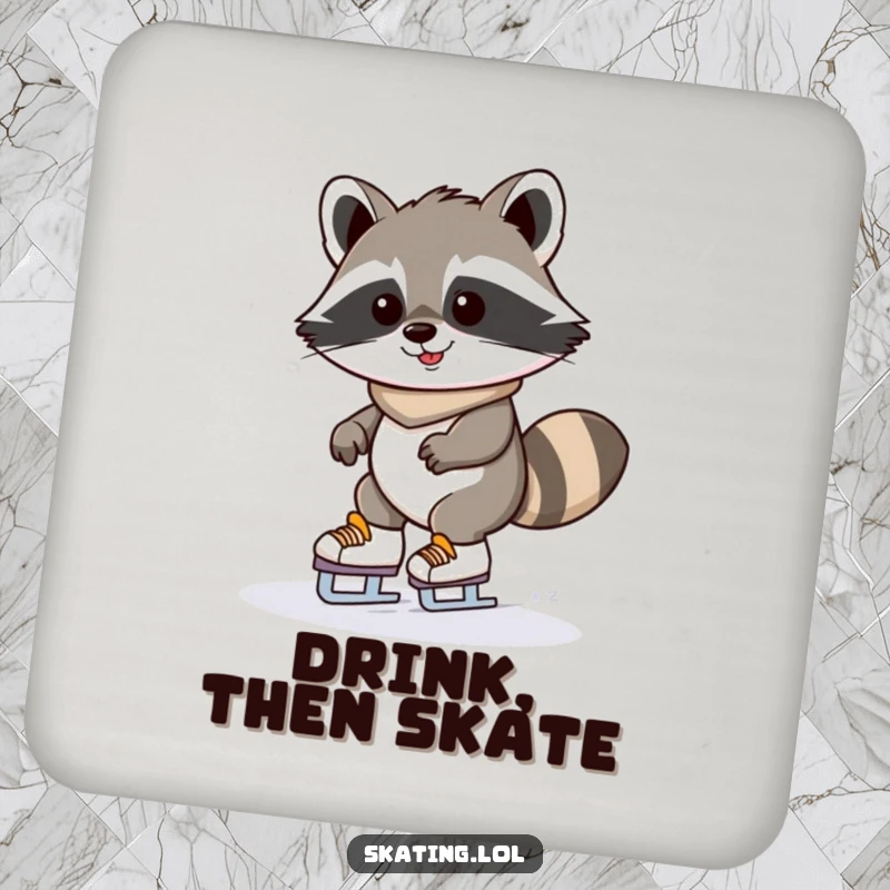 Funny raccoon ice skating drink coaster with a determinedly grinning kawaii raccoon wobbling on skates; humorous accessory.