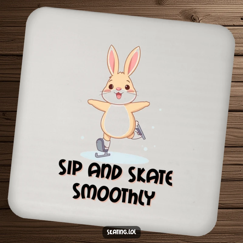 Funny drink coaster featuring a joyful arctic hare attempting bunny hops on ice skates, protecting surfaces with winter flair.