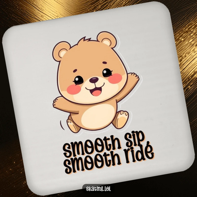 Funny drink coaster featuring a happy bear with a determined grin, gliding smoothly, adding cheerful protection to tables.