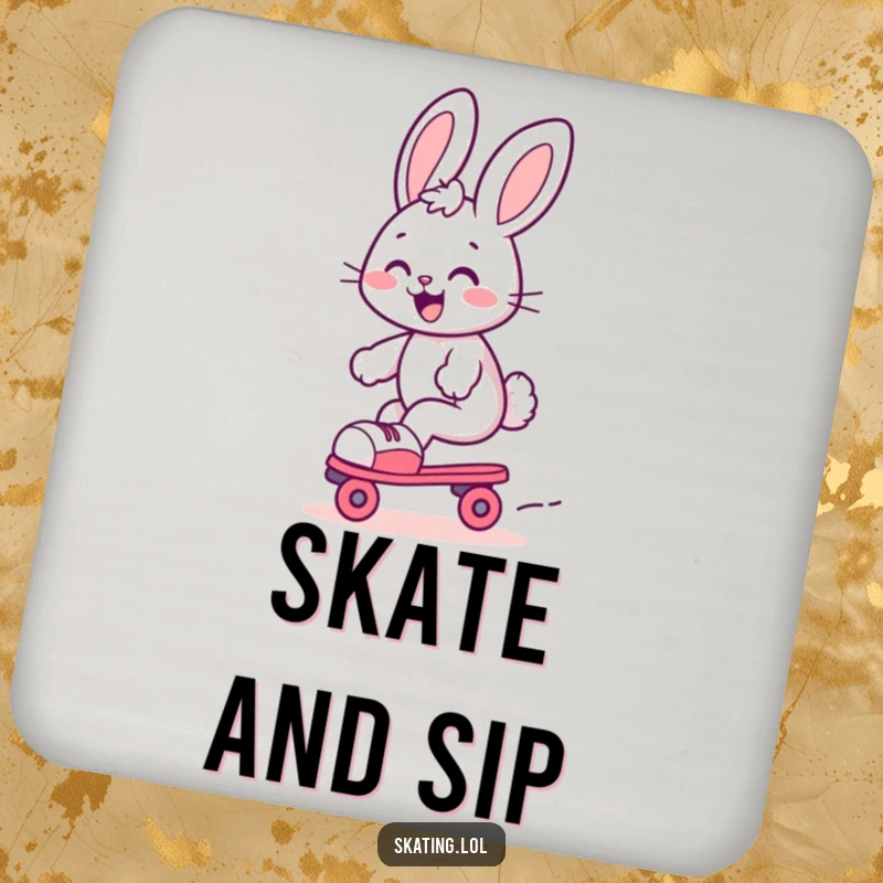 Funny bunny coaster, a cute bunny gleefully gliding on roller skates with a joyful expression, protecting surfaces humorously.